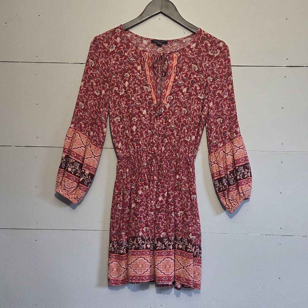American Eagle Red Floral Mini Dress Smocked Waist V-Neck Balloon Sleeve XS